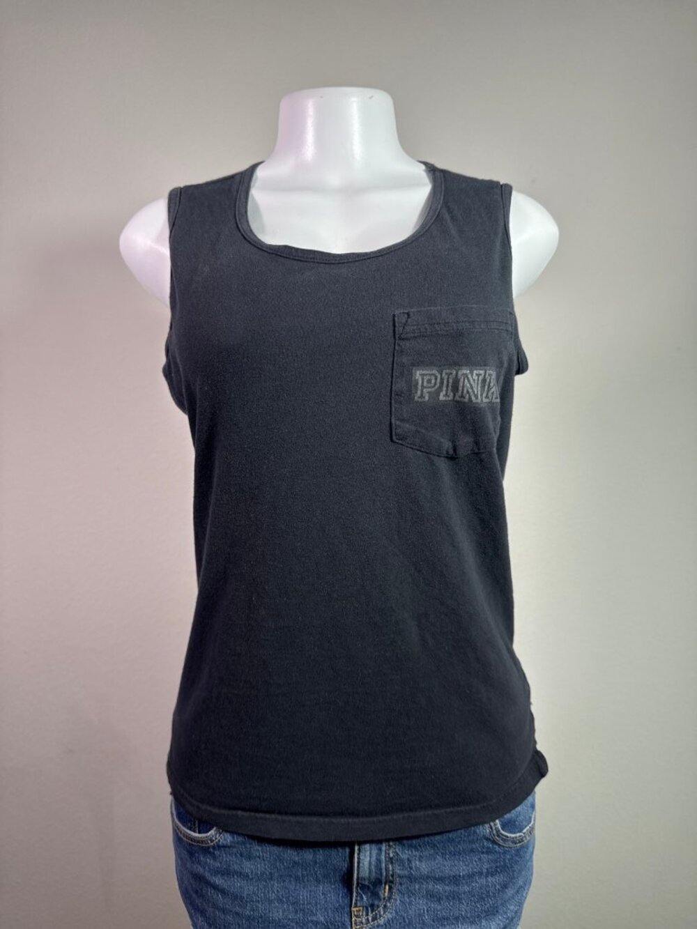 PINK Victoria's Secret tank top black sequin logo scoop neck S